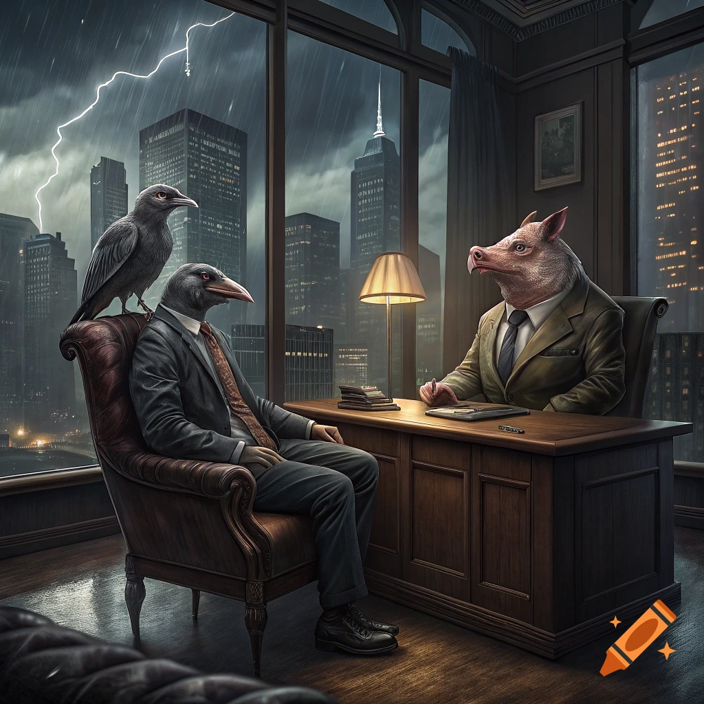 An anthropomorphic crow sits opposite an anthropomorphic pig at a desk in an office overlooking a stormy city skyline.