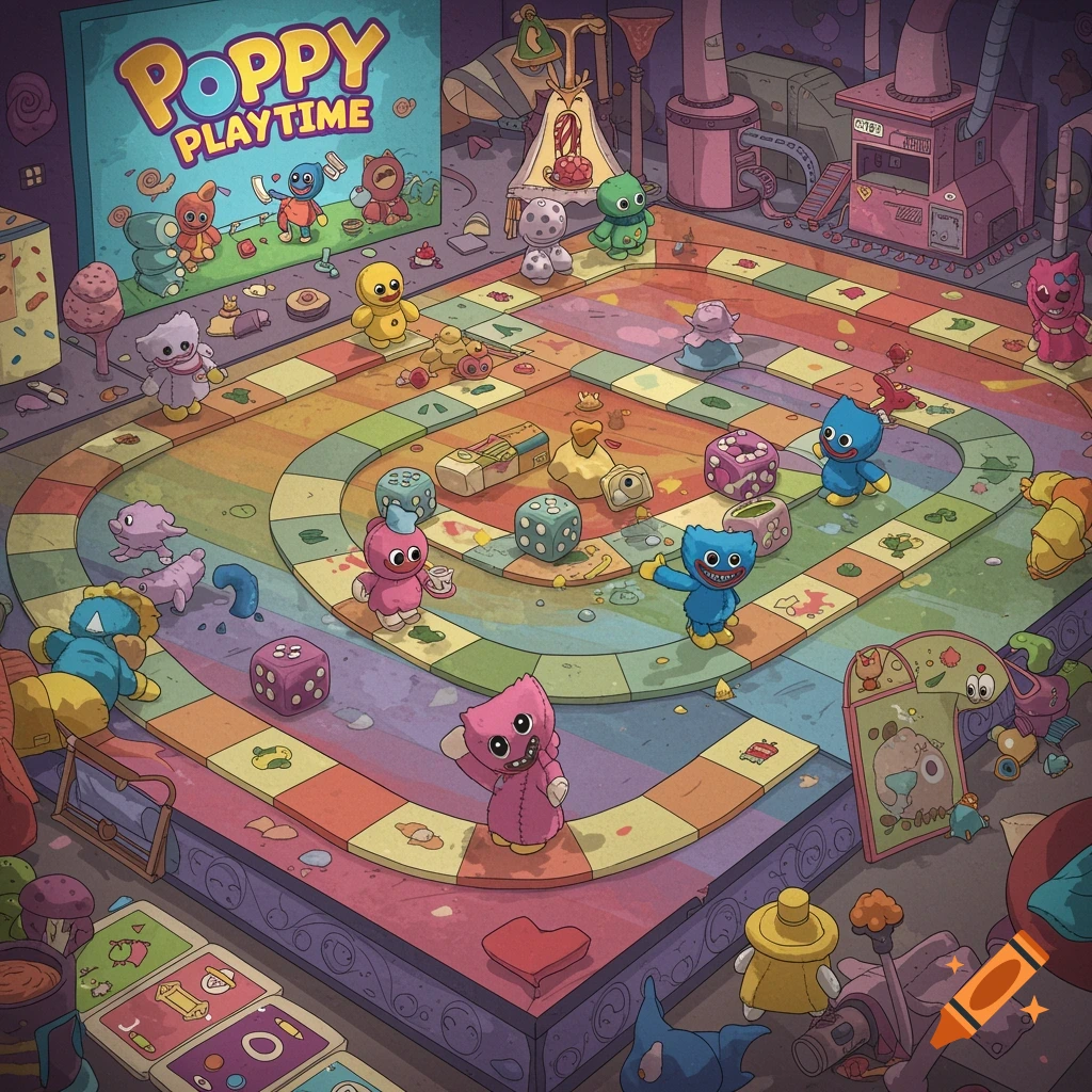 Cartoon illustration of Poppy Playtime characters playing a colorful board game.