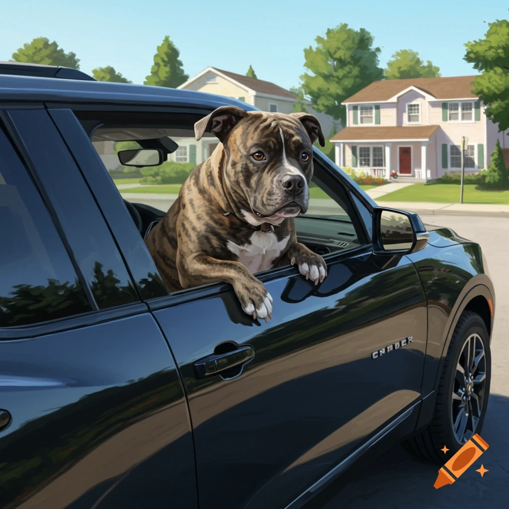 A brindle bulldog leans out the window of a black car on a suburban street.