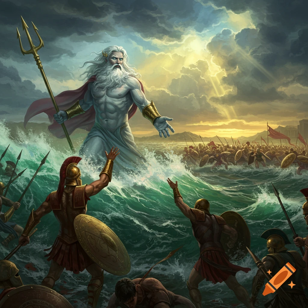 Giant god figure rises from stormy sea, confronting an army of soldiers on the coast. Epic fantasy illustration.