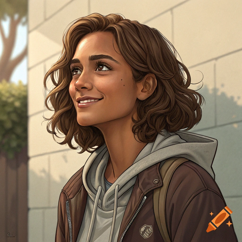 Digital illustration of a young woman looking up and smiling, wearing a hoodie and jacket, outdoors.