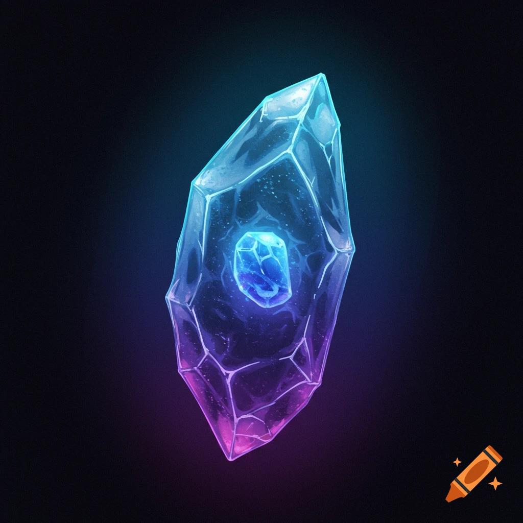 An illustrated glowing crystal, blue at the top and purple at the bottom, with a smaller blue crystal core.