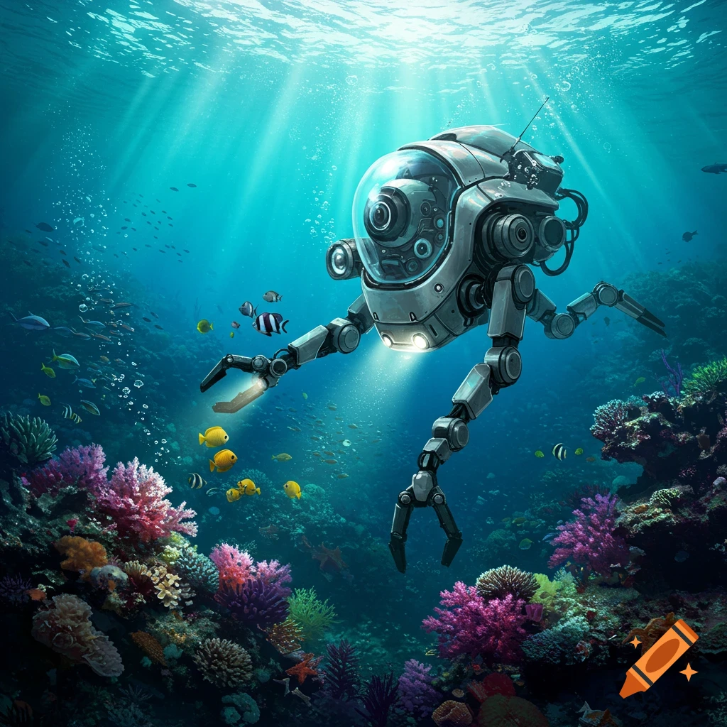 An underwater robot explores a vibrant coral reef with fish and sunbeams.