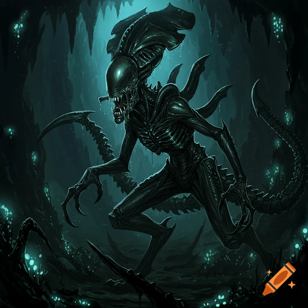 Detailed illustration of a dark alien xenomorph creature in a shadowy cave with glowing elements.