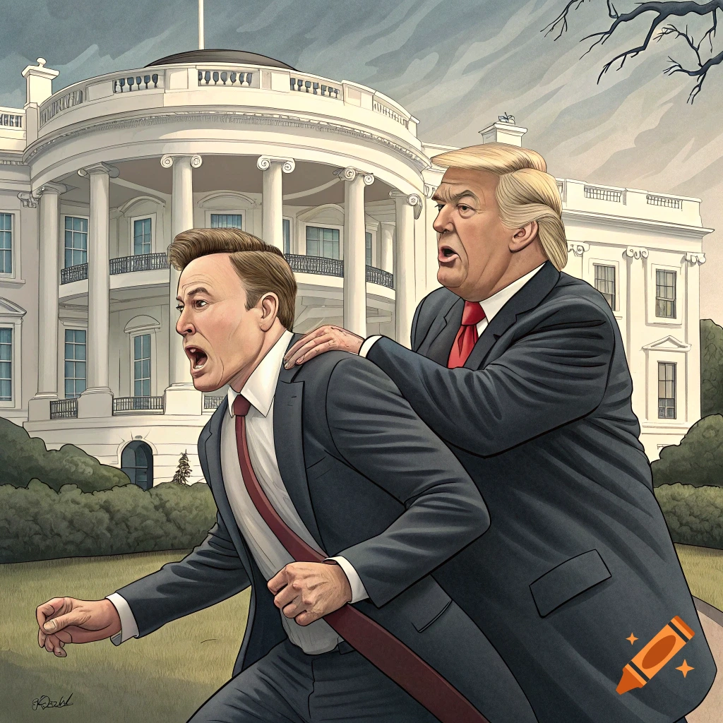 Cartoon of Donald Trump pushing Elon Musk away from the White House