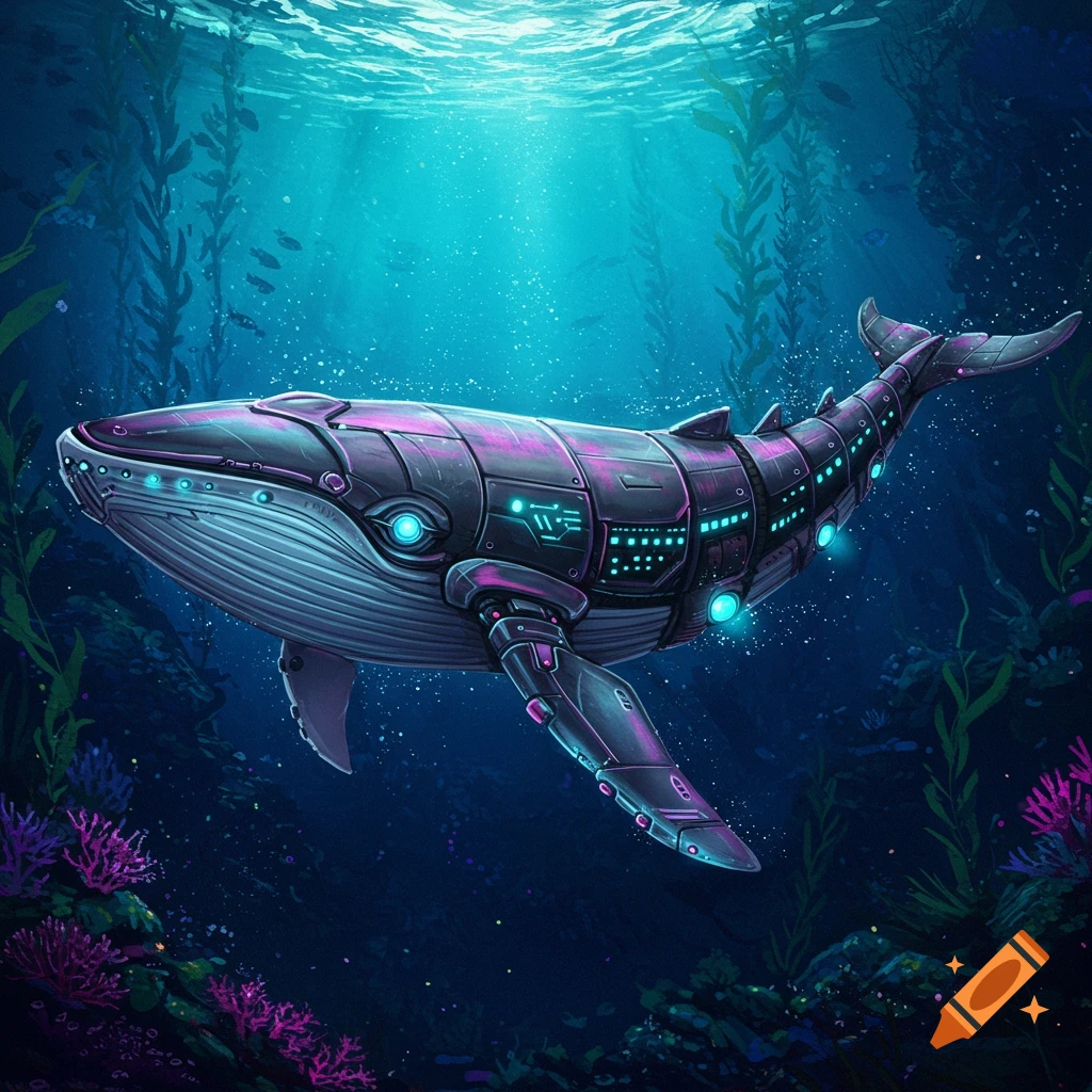 A futuristic robotic whale swims among kelp and coral in a deep blue ocean.