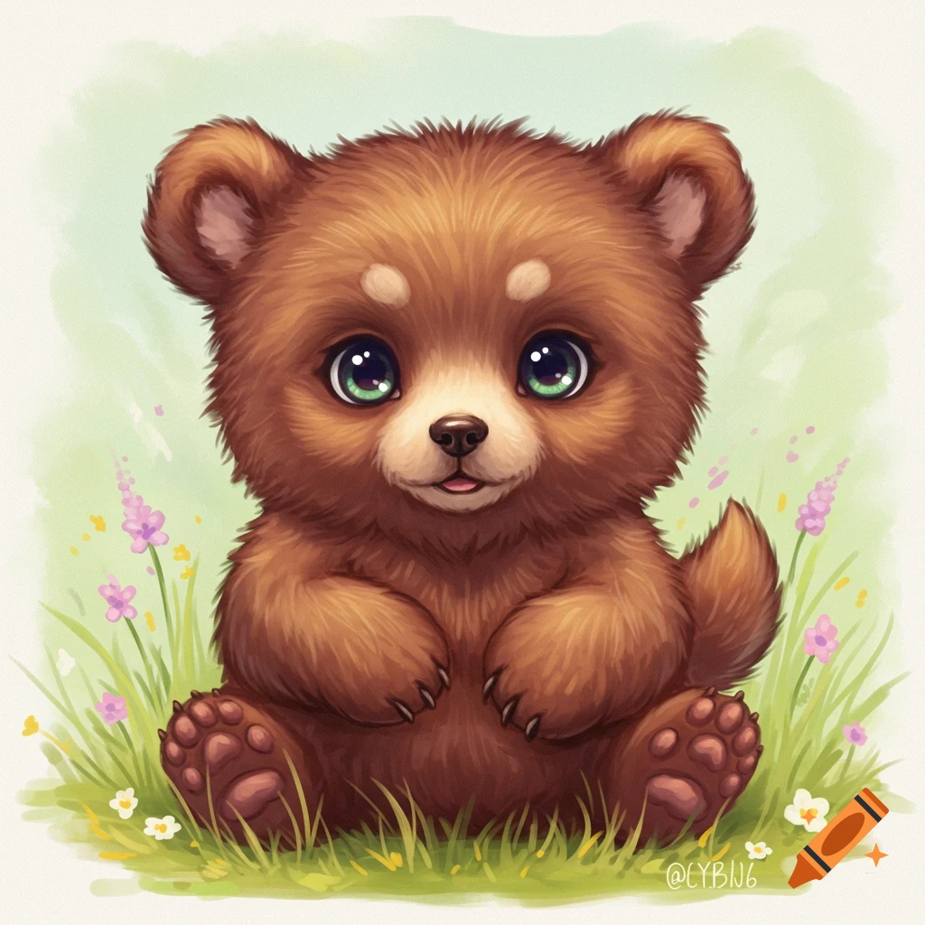 Cute cartoon puppy-bear cub sitting in a grassy field with flowers, illustration.