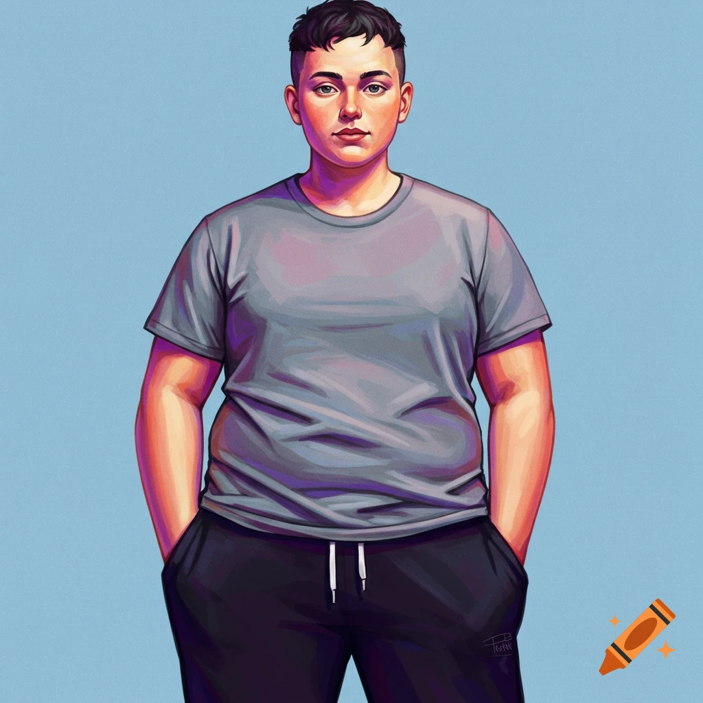 Stylized portrait of a person in a grey t-shirt and black sweatpants standing with hands in pockets