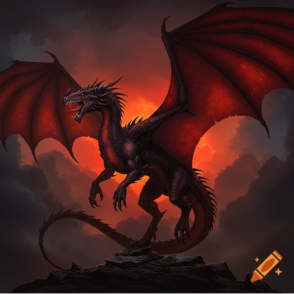 Dark dragon with red wings stands on a rock against a dramatic fiery sky and dark clouds.