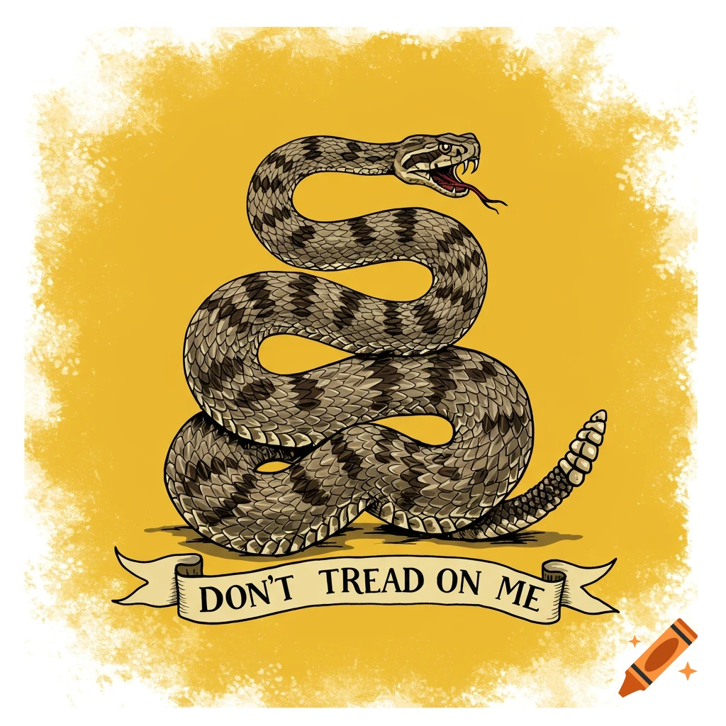 Illustration of a coiled rattlesnake on a yellow background above a banner reading 'Don't Tread on Me'.