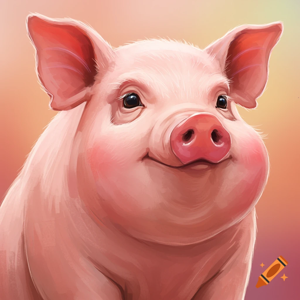 A close-up portrait of a cute pink cartoon pig smiling.