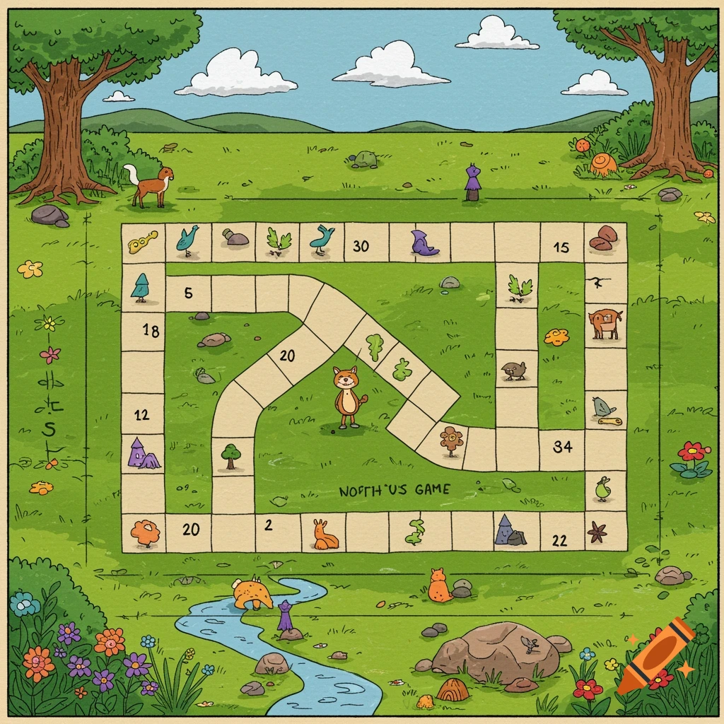 Cartoon illustration of a board game in a field with animals, trees, and a river.