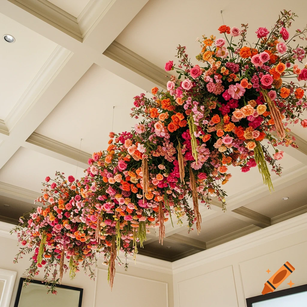 Large pink and orange floral arrangement hanging from a white beamed ceiling.