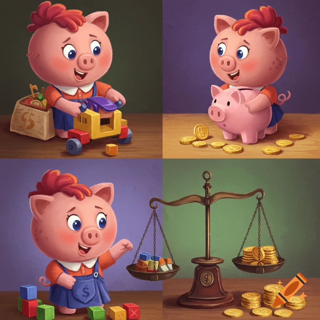 Four panel illustration of a cartoon pig learning about money concepts: playing with a toy, saving in a piggy bank, and weighing items on a scale.