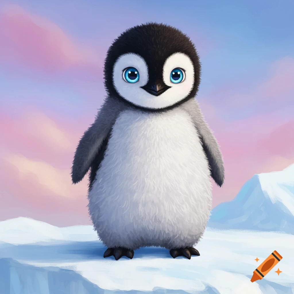A fluffy baby penguin stands on ice against a pink and blue sky.
