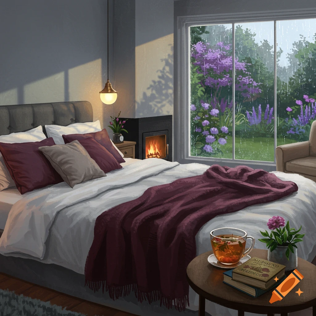 Cozy bedroom with a bed, fireplace, and tea by a window showing rain outside.