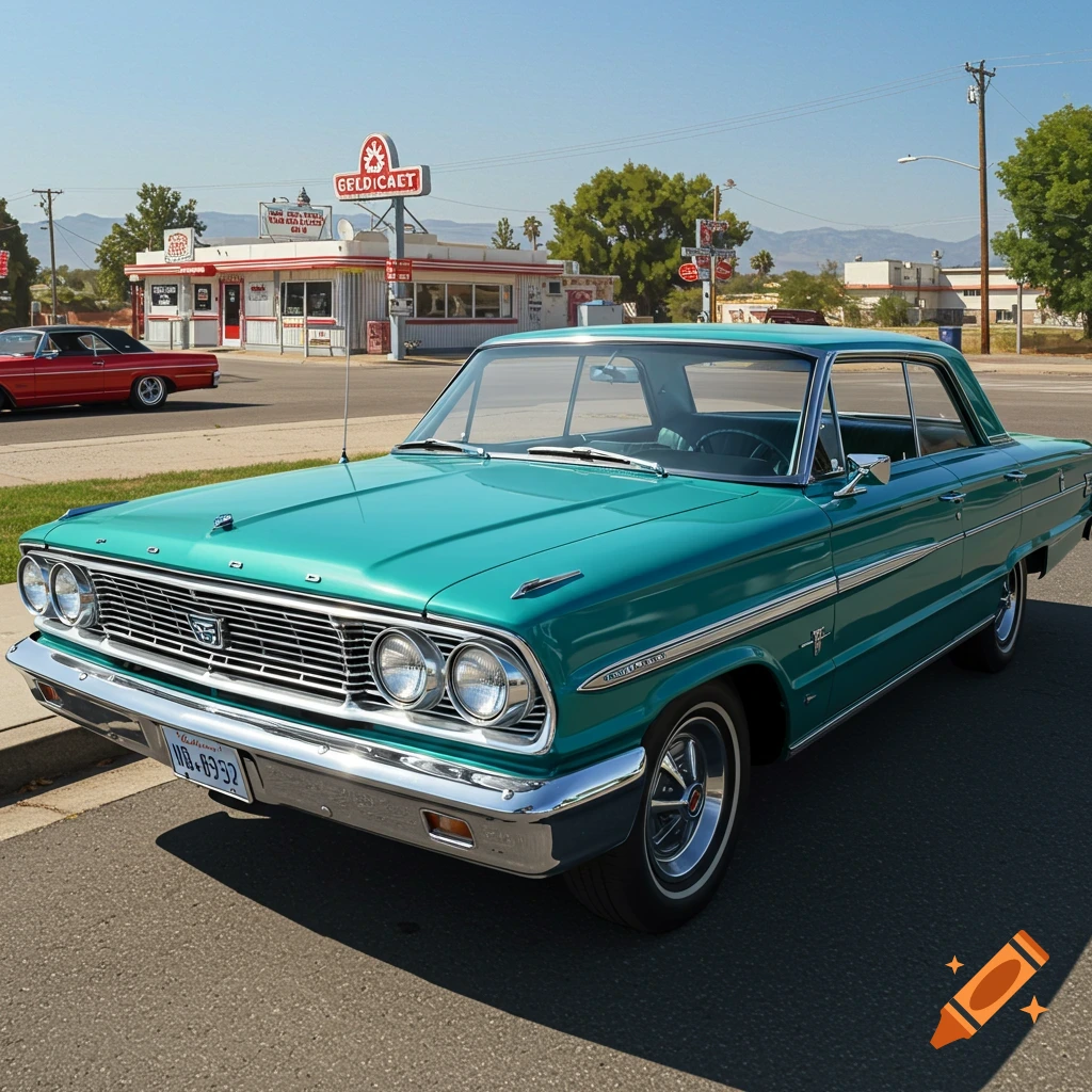 Photorealistic image of a teal 1964 Ford Galaxie parked in front of a roadside diner.