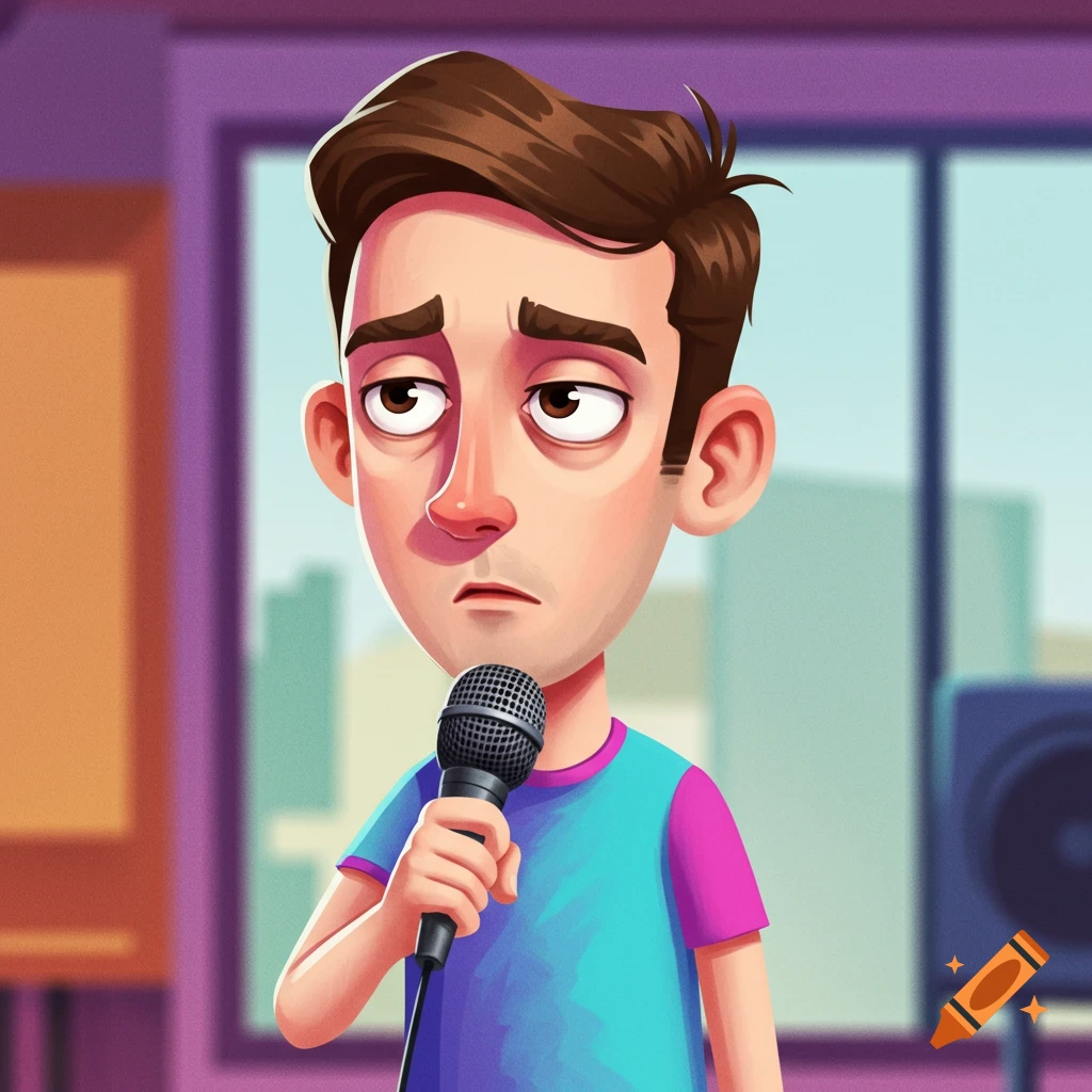 Cartoon illustration of a sad young man holding a microphone.