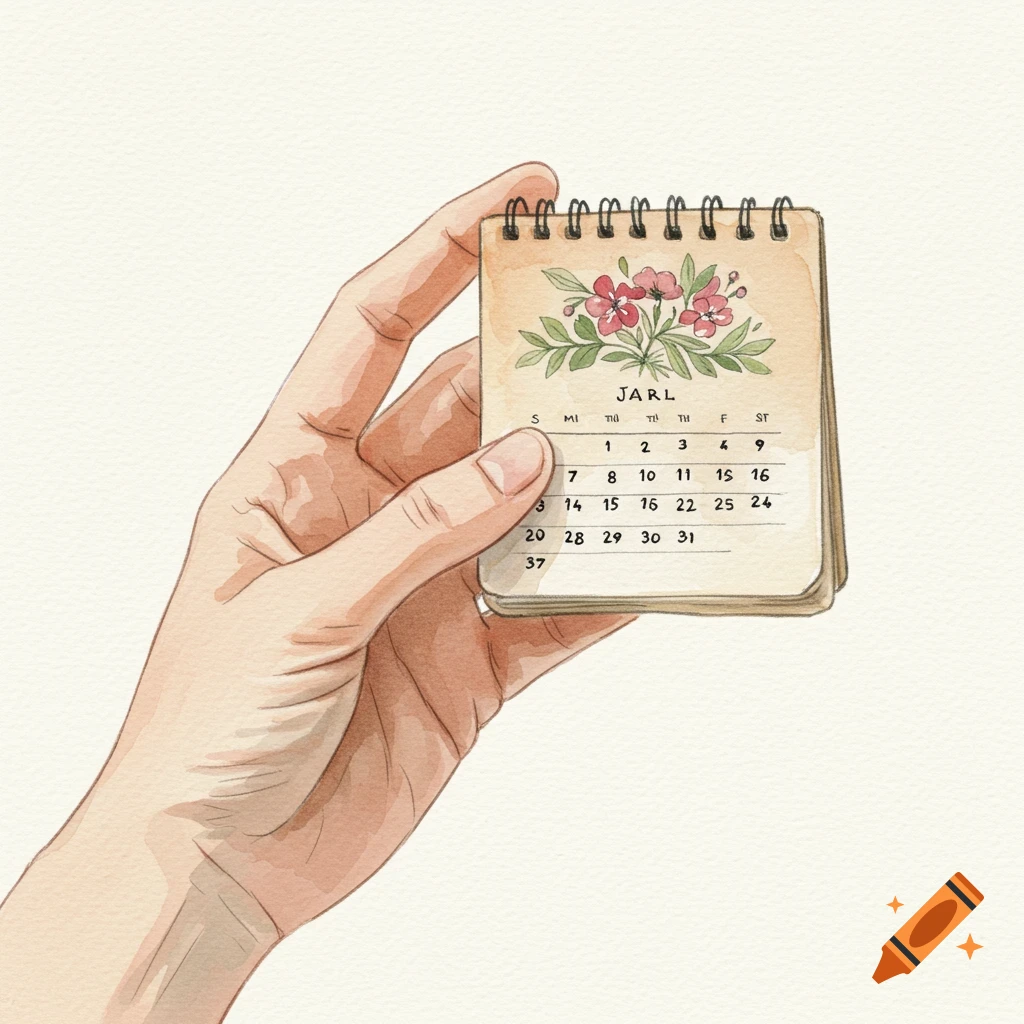 A hand holds a small calendar decorated with flowers, in a watercolor illustration style.