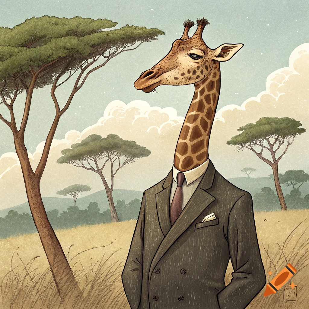 Illustration of a giraffe wearing a suit in a savanna landscape.