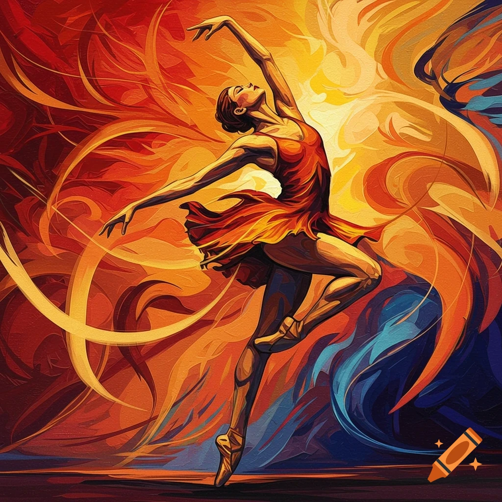 Painting of a ballet dancer against swirling orange, red, and blue abstract shapes.