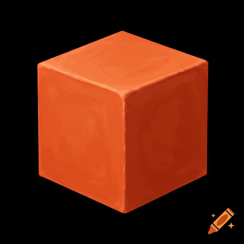 An orange cube with a painterly texture against a black background.
