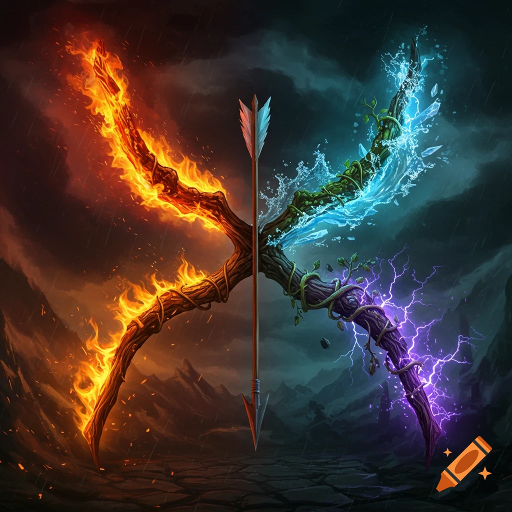 An X-shaped fantasy longbow made of fire, water, earthy vines, and lightning, with an arrow, against a stormy background.