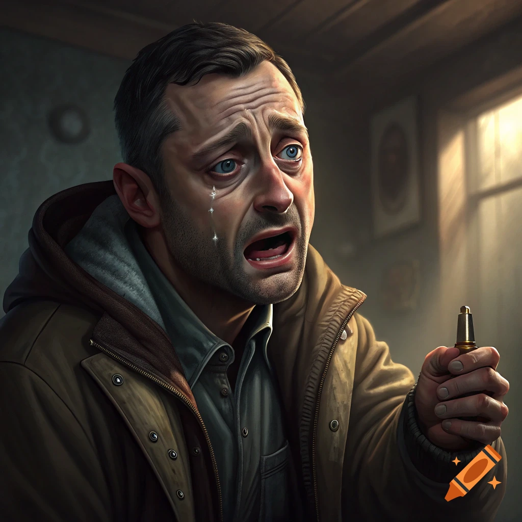 A man with tear-streaked cheeks cries out while holding a small object in a dim room.