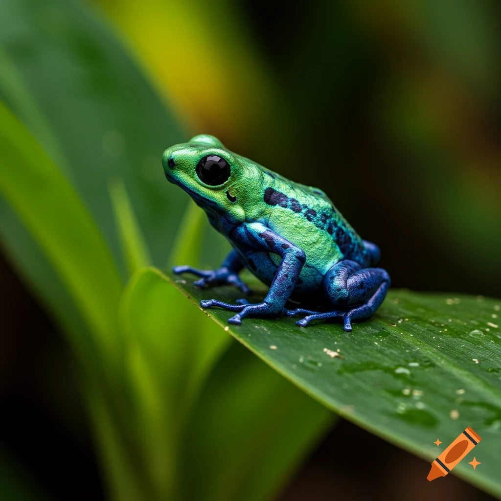 A close-up photo of a vibrant green and blue poison dart frog perched on a green leaf.