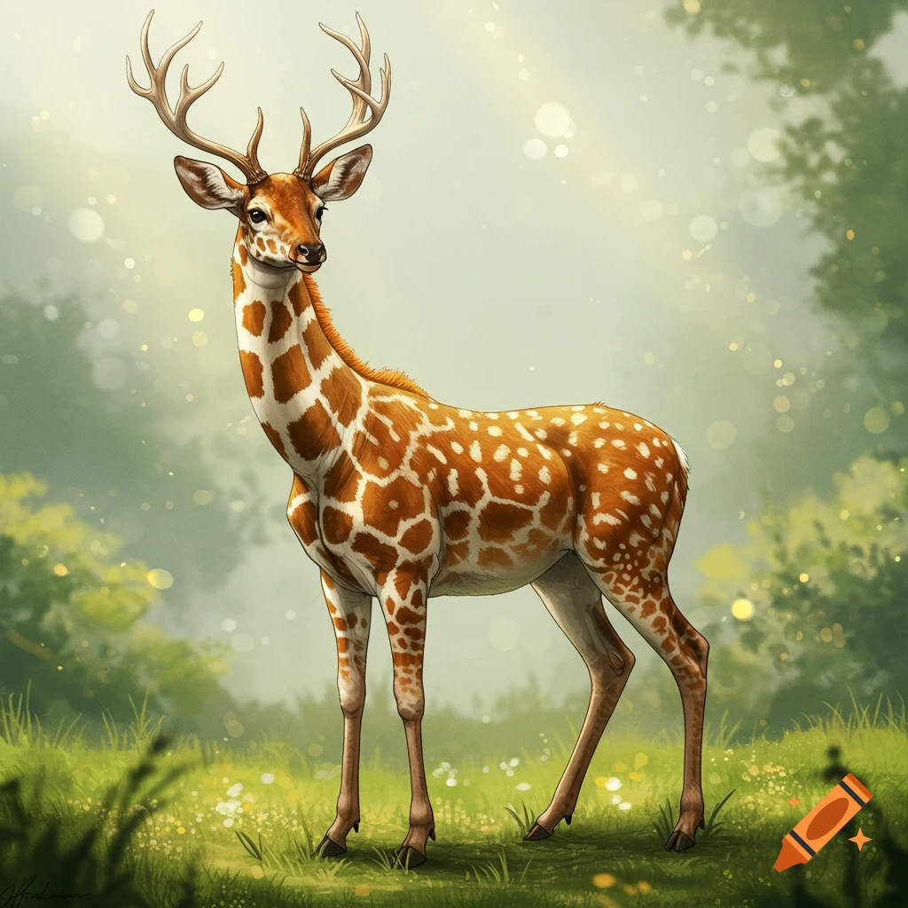 An illustration of a hybrid deer-giraffe creature standing in a forest clearing with bokeh lights.