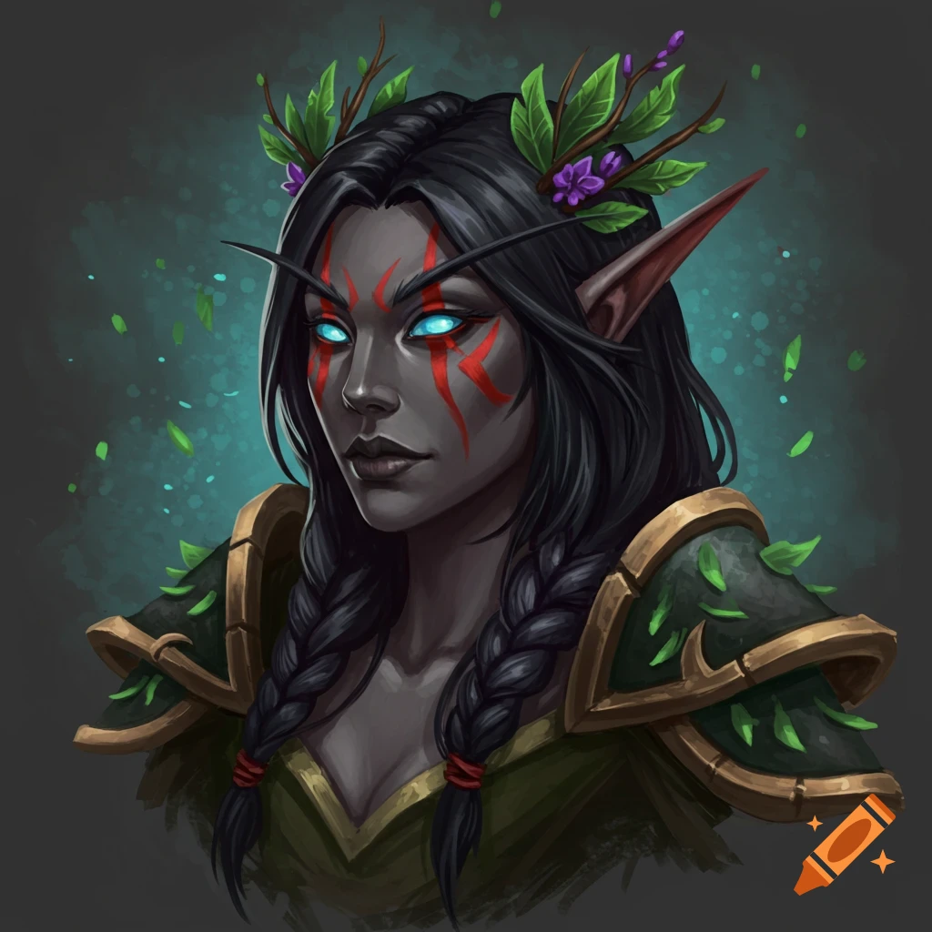 A detailed portrait of a dark-skinned fantasy elf character with blue eyes, red face markings, braided black hair adorned with leaves and flowers, wearing green and gold armor.