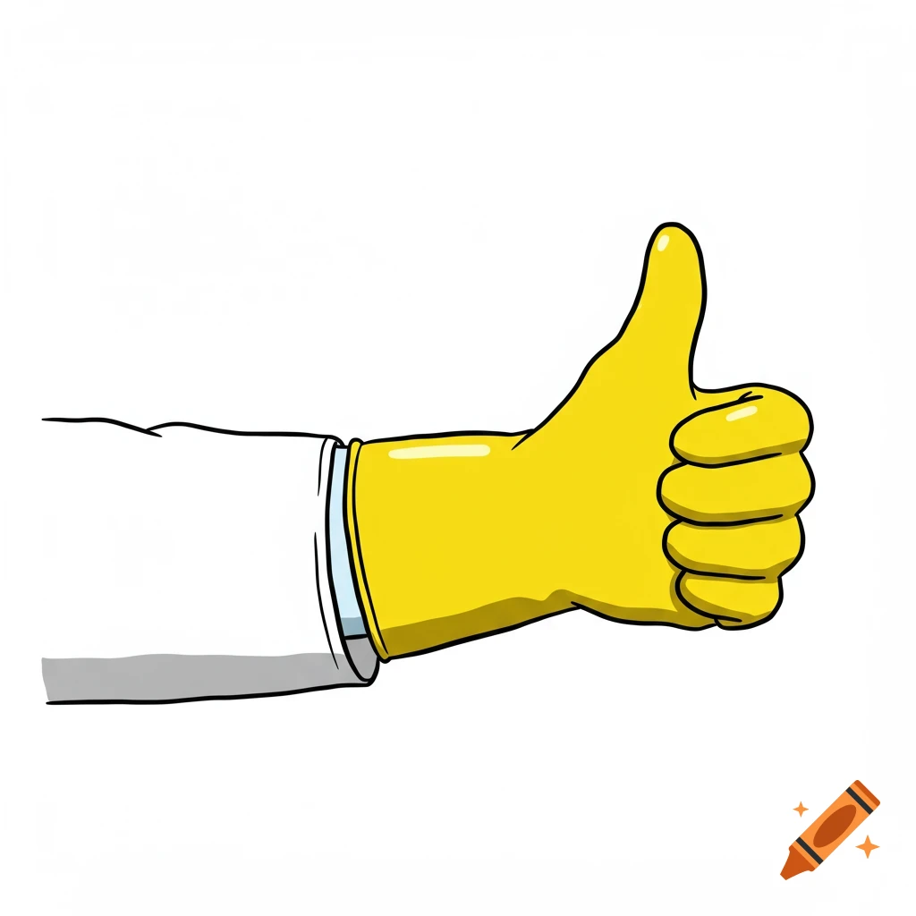 A cartoon hand wearing a yellow rubber glove and white lab coat sleeve gives a thumbs up.