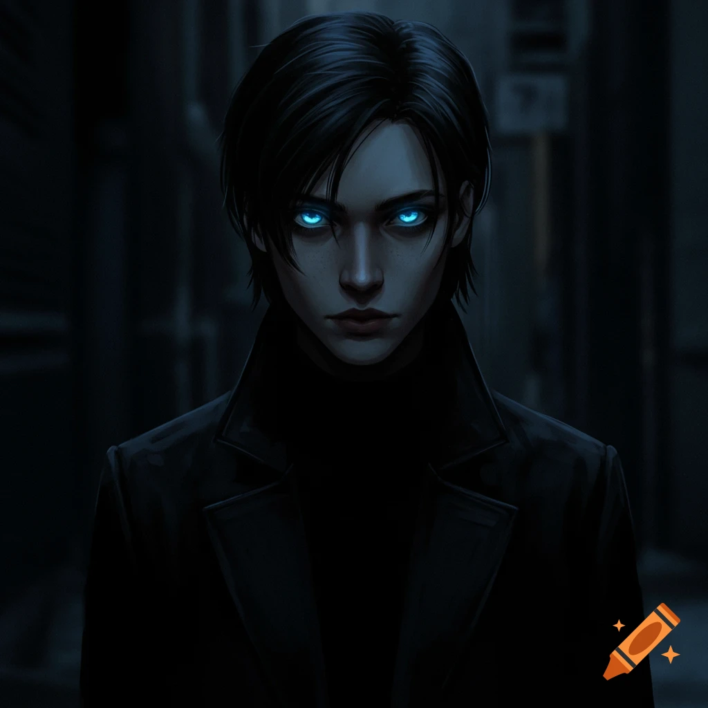 Close-up portrait of a person with glowing blue eyes wearing a black coat, standing in a dark alley.