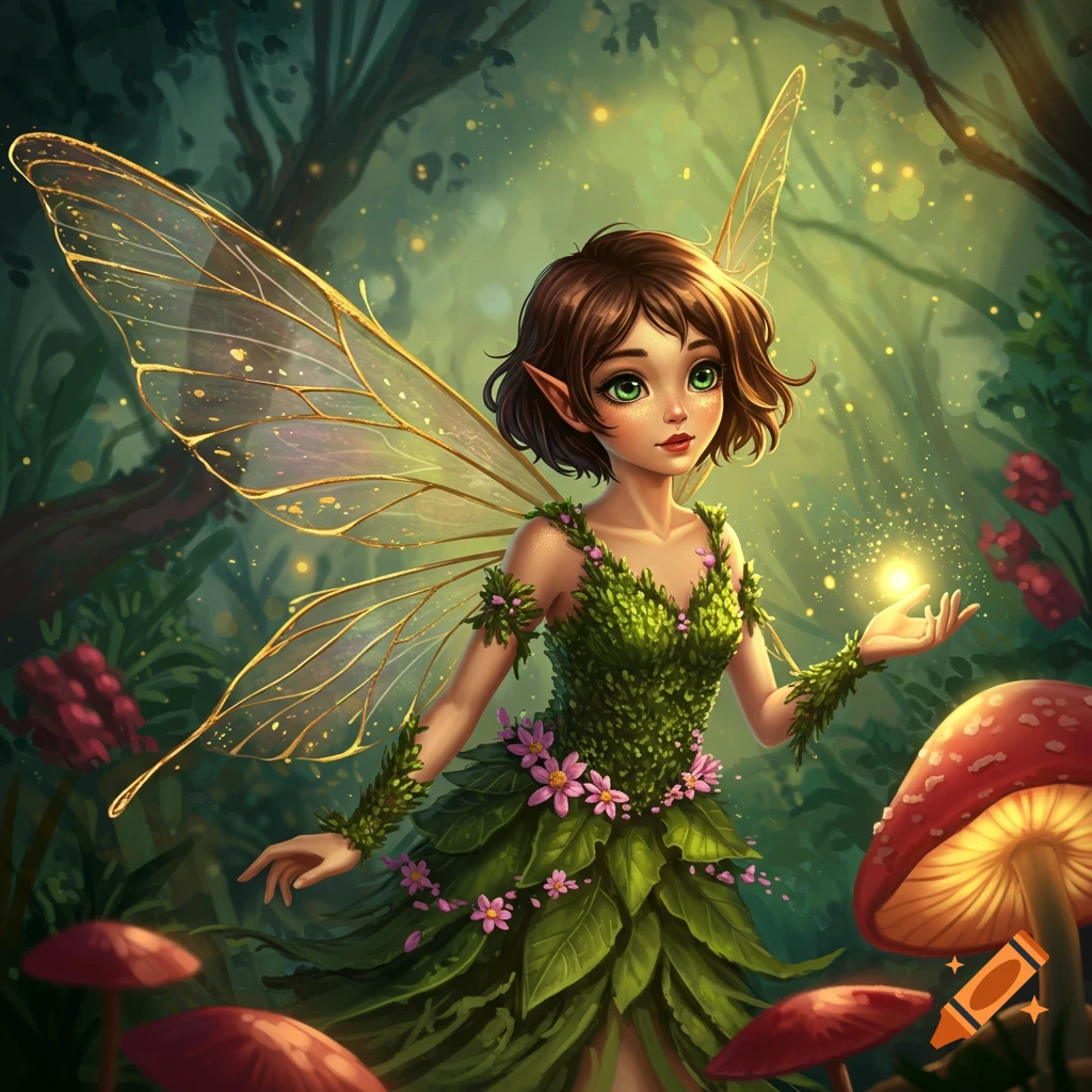 An illustration of a fairy with wings holding a glowing orb in a magical forest.