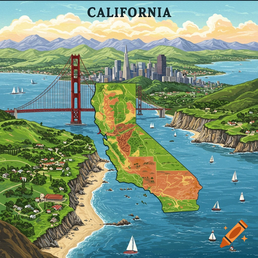 Stylized illustration of California with map overlay, Golden Gate Bridge, San Francisco skyline, and coast.