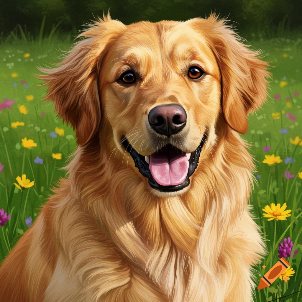 A golden retriever dog smiles with its tongue out in a field of green grass and colorful flowers.