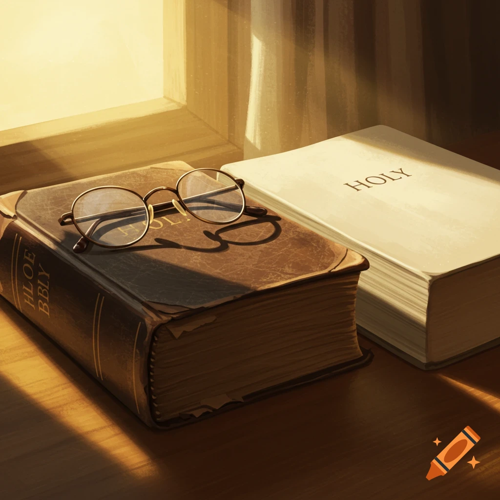 Still life of spectacles on a worn book next to a white book bathed in sunlight on a wooden table.
