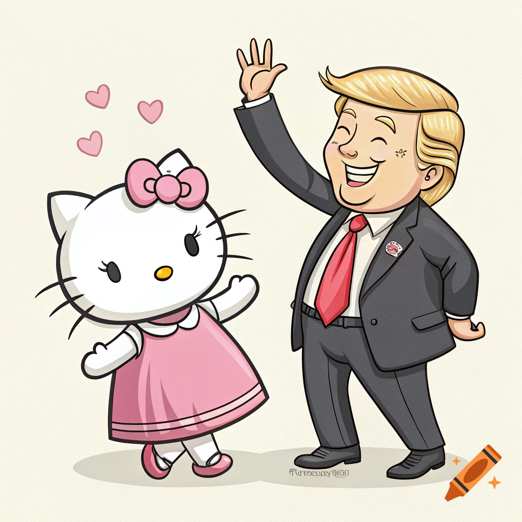 Cartoon illustration of Hello Kitty and a caricature of Donald Trump waving at each other.