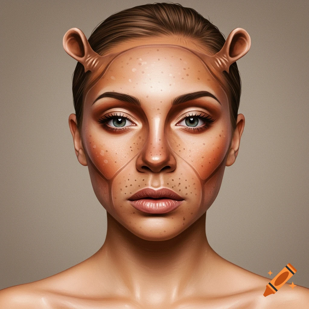 Portrait of a woman with makeup and prosthetics resembling the character Shrek, featuring green contouring, freckles, and ogre-like ears.