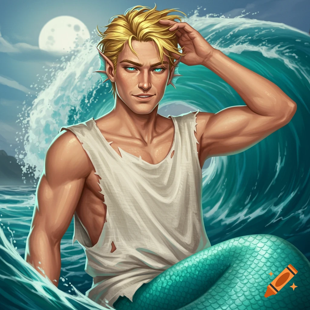 Blonde merman in a torn tank top poses in the ocean with a large wave under a full moon.