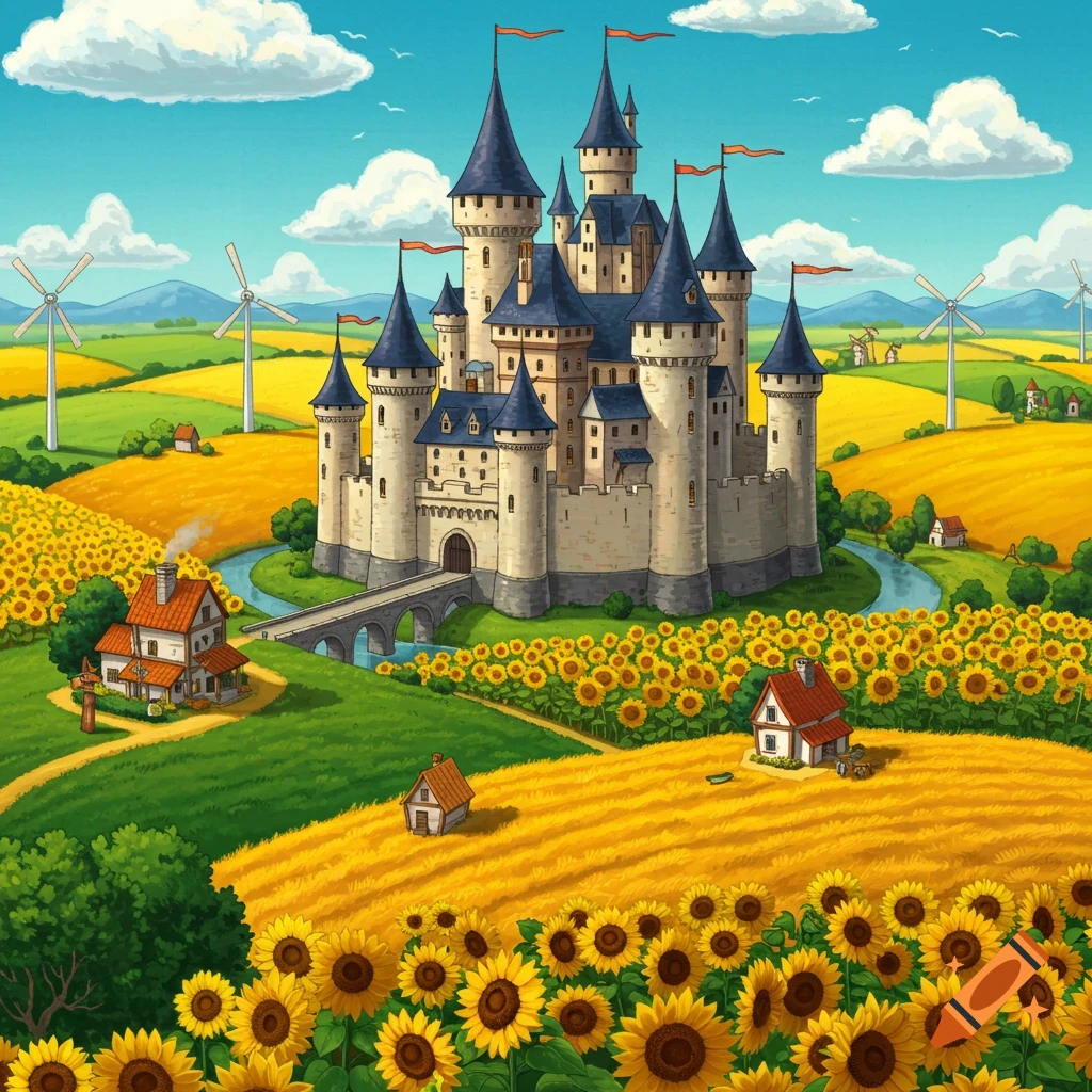 An illustration of a castle surrounded by sunflowers and fields with wind turbines in the background.