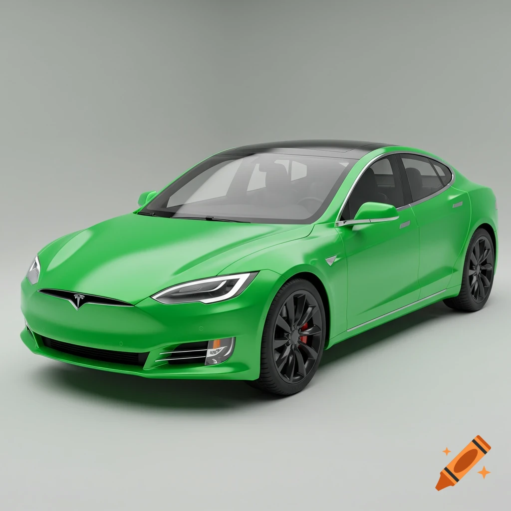 A bright green Tesla sedan car is rendered against a grey background.