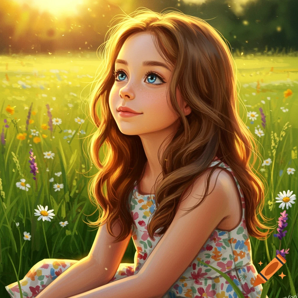 A digital illustration of a young girl sitting in a field of wildflowers, looking up towards the sun.