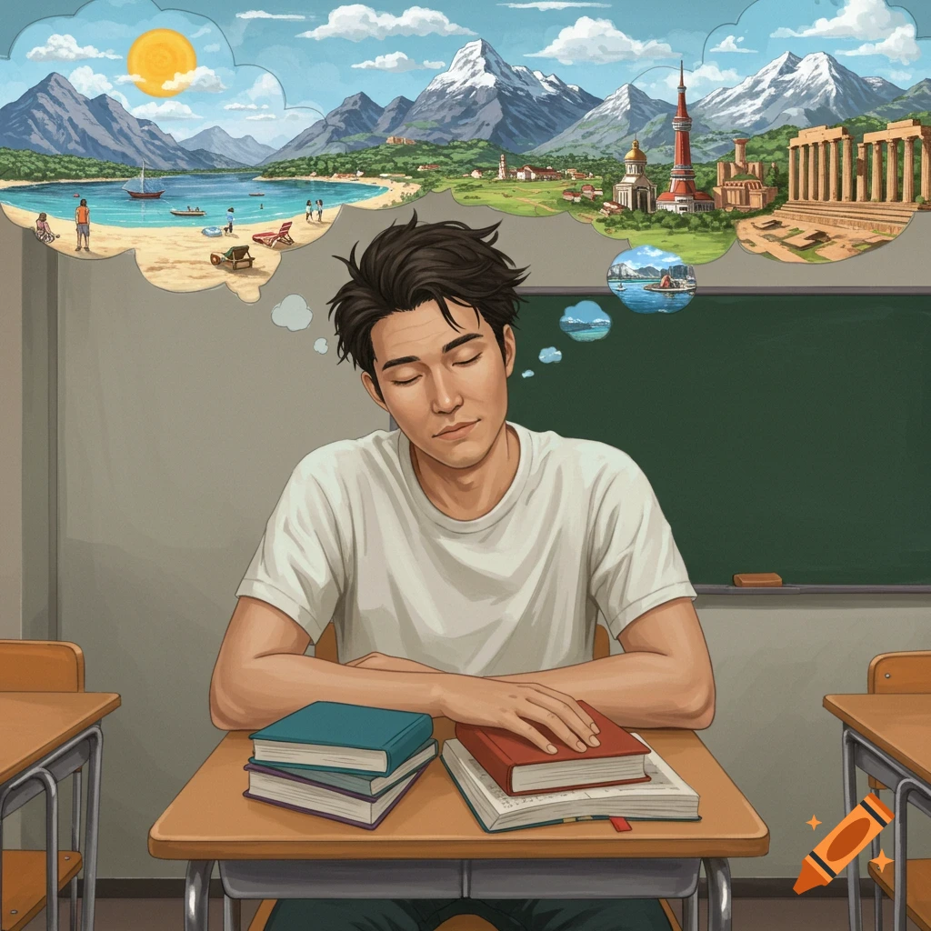 An illustration of a student in a classroom daydreaming about various travel destinations like beaches, mountains, and landmarks.