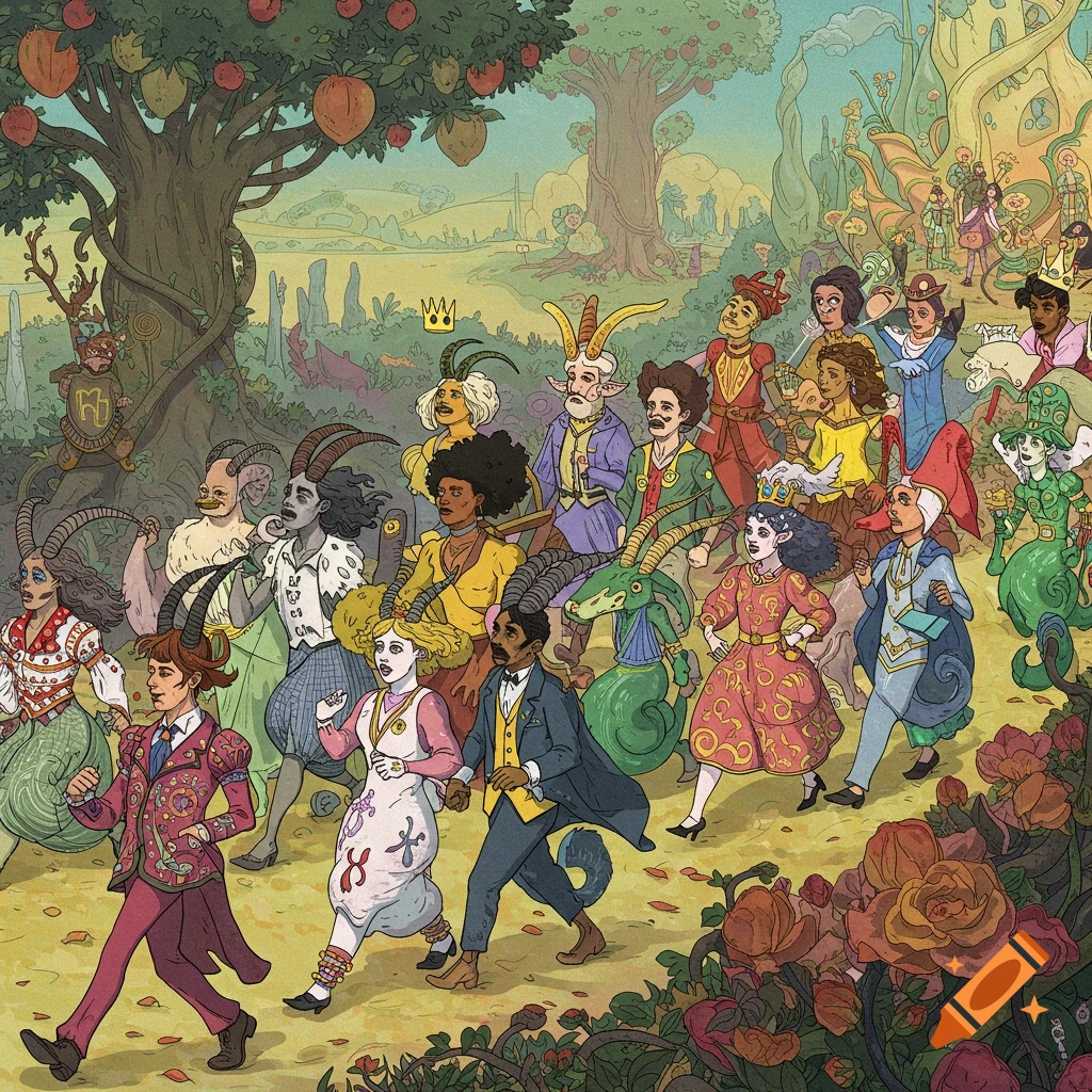 An illustration of a parade of human-like fantasy creatures with goat horns walking on a path through a colorful landscape.