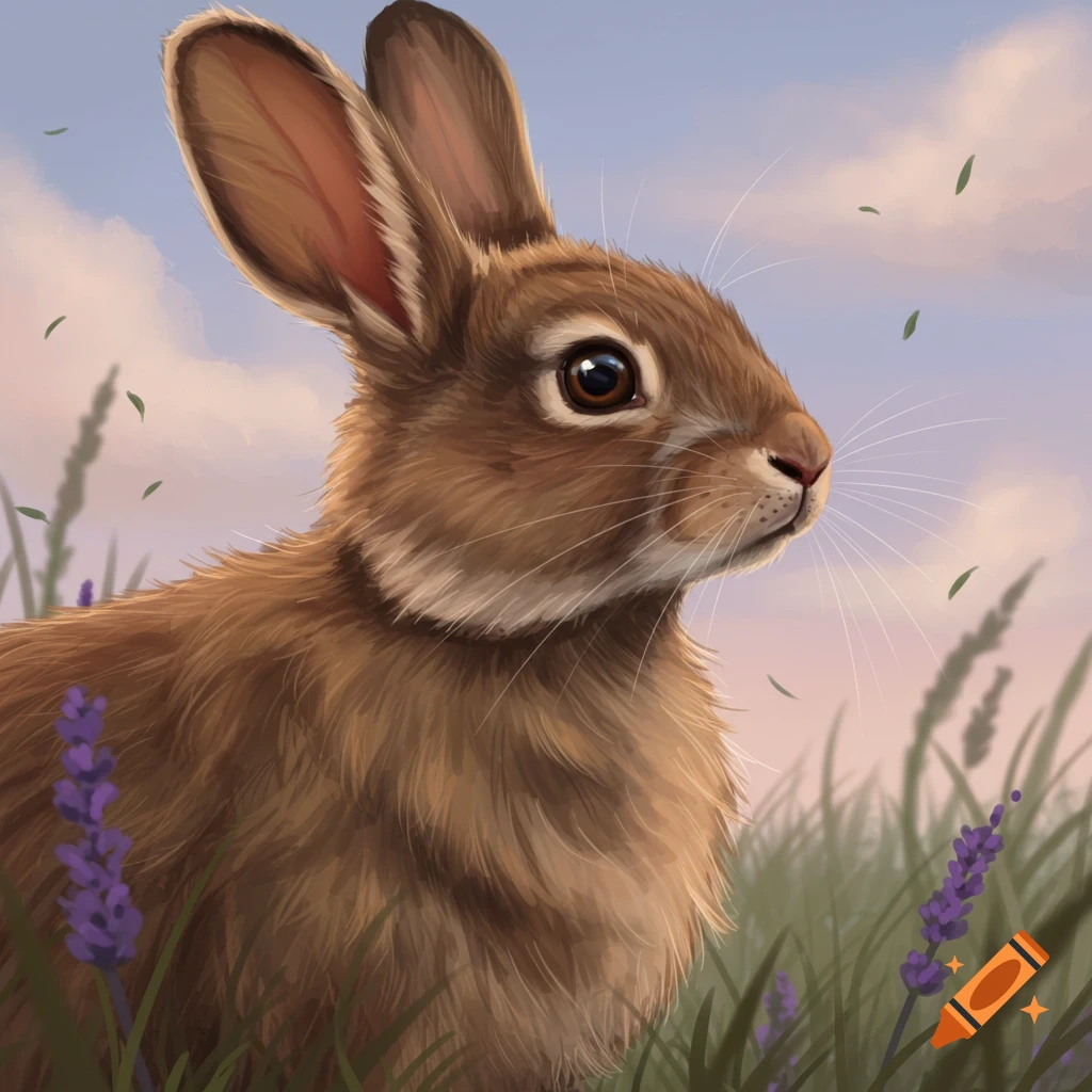 Illustration of a brown rabbit sitting in a field with purple flowers.