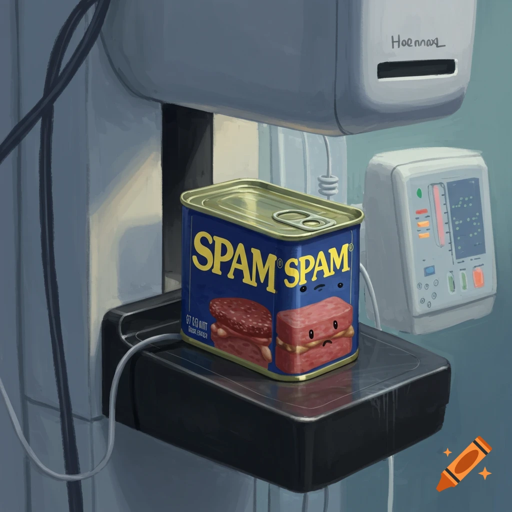 A can of Spam with faces on a mammogram machine, painterly style.