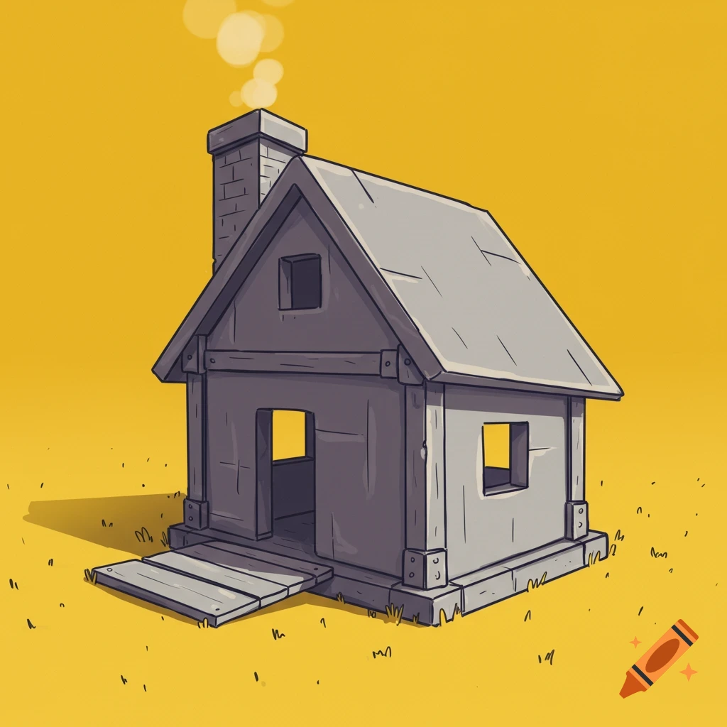 Stylized drawing of a grey house with smoke from the chimney against a yellow background.