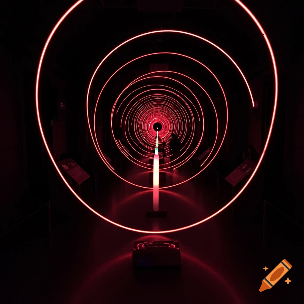 Dark museum exhibit with a tunnel of swirling red light lines and a central glowing structure.