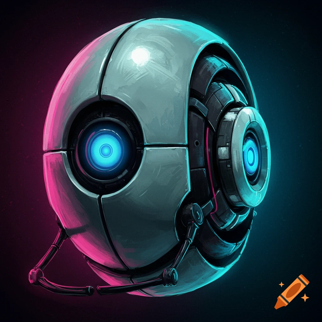 A stylized robot head resembling GLaDOS from Portal, with a blue eye and metallic body lit by pink and teal light.
